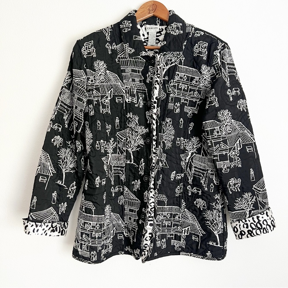Chico's Black & White Quilted Scenic Print Jacket